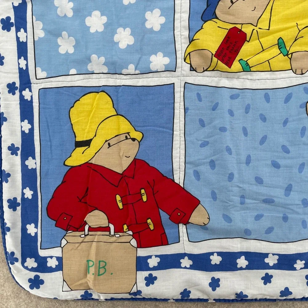 Vintage Paddington Bear Baby Quilt Blanket Blue White Floral Nursery 32x41